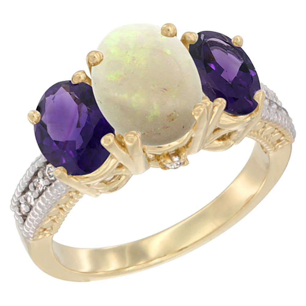 14K Yellow Gold Diamond Natural Opal Ring 3-Stone Oval 8x6mm with Amethyst, sizes5-10
