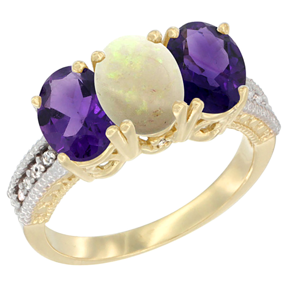10K Yellow Gold Diamond Natural Opal &amp; Amethyst Ring Oval 3-Stone 7x5 mm,sizes 5-10