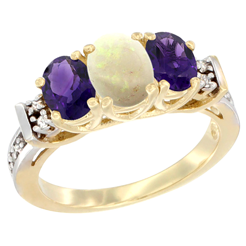 14K Yellow Gold Natural Opal &amp; Amethyst Ring 3-Stone Oval Diamond Accent