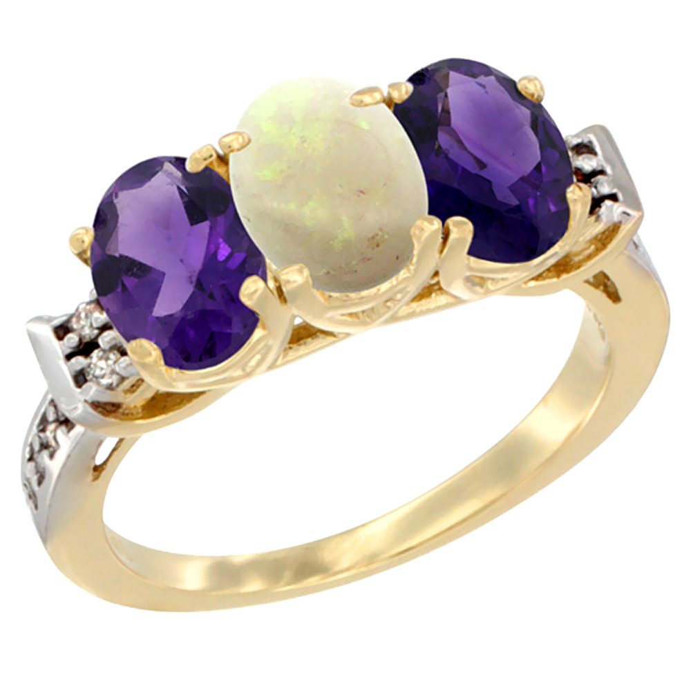 10K Yellow Gold Natural Opal &amp; Amethyst Sides Ring 3-Stone Oval 7x5 mm Diamond Accent, sizes 5 - 10