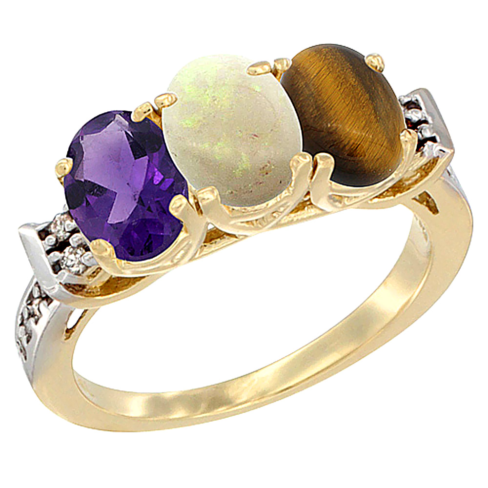 14K Yellow Gold Natural Amethyst, Opal &amp; Tiger Eye Ring 3-Stone 7x5 mm Oval Diamond Accent, sizes 5 - 10