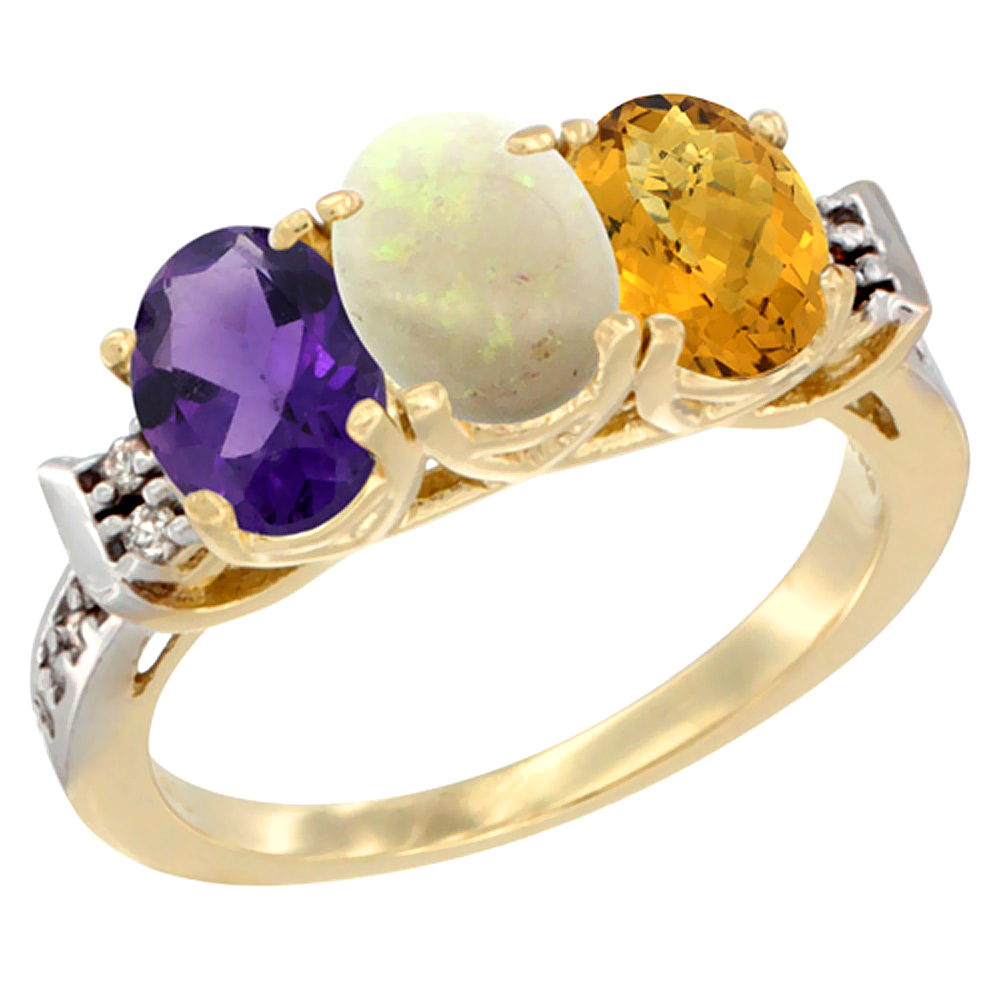 10K Yellow Gold Natural Amethyst, Opal &amp; Whisky Quartz Ring 3-Stone Oval 7x5 mm Diamond Accent, sizes 5 - 10