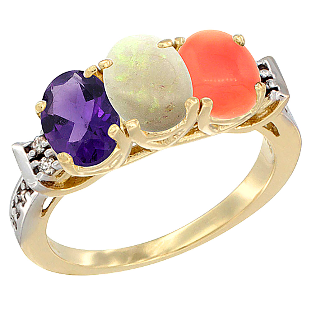 14K Yellow Gold Natural Amethyst, Opal &amp; Coral Ring 3-Stone 7x5 mm Oval Diamond Accent, sizes 5 - 10