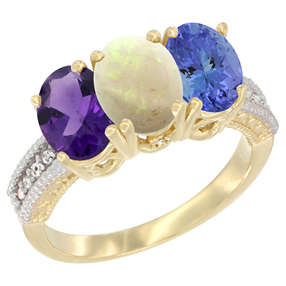14K Yellow Gold Natural Amethyst, Opal &amp; Tanzanite Ring 3-Stone 7x5 mm Oval Diamond Accent, sizes 5 - 10