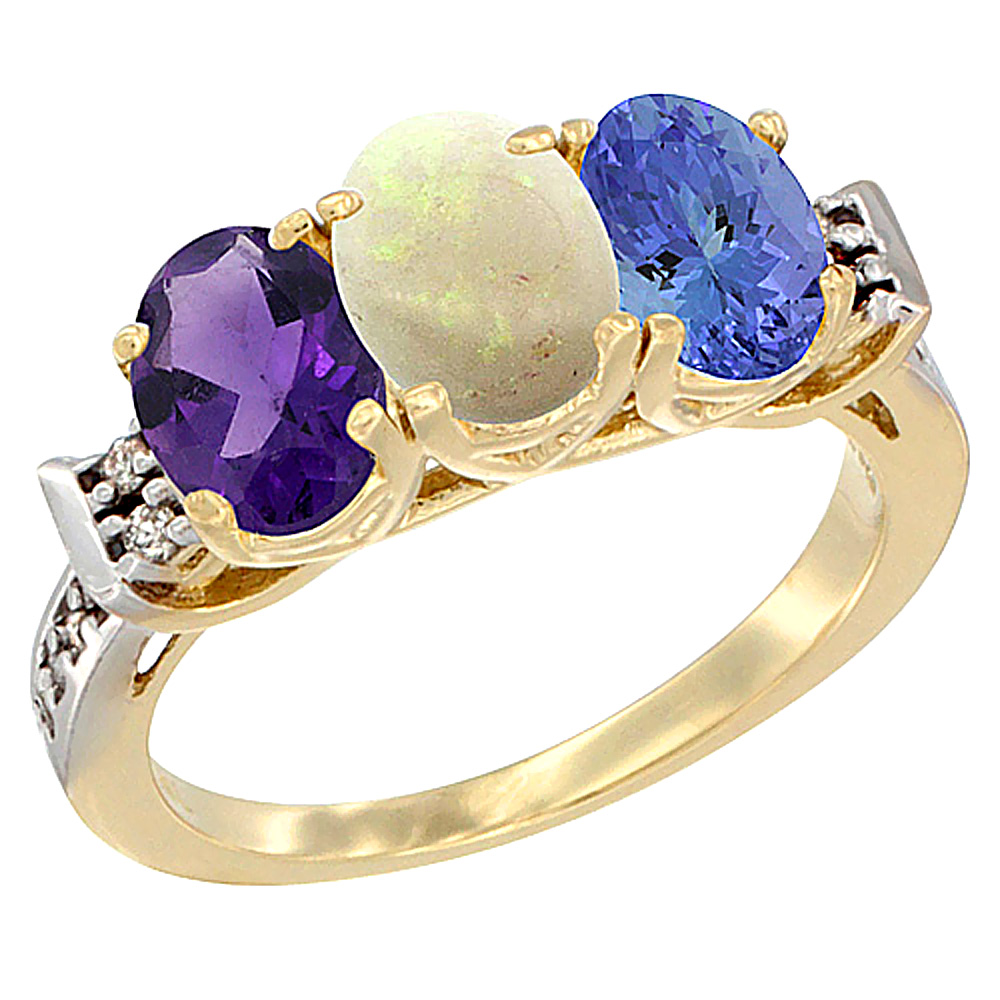 10K Yellow Gold Natural Amethyst, Opal &amp; Tanzanite Ring 3-Stone Oval 7x5 mm Diamond Accent, sizes 5 - 10