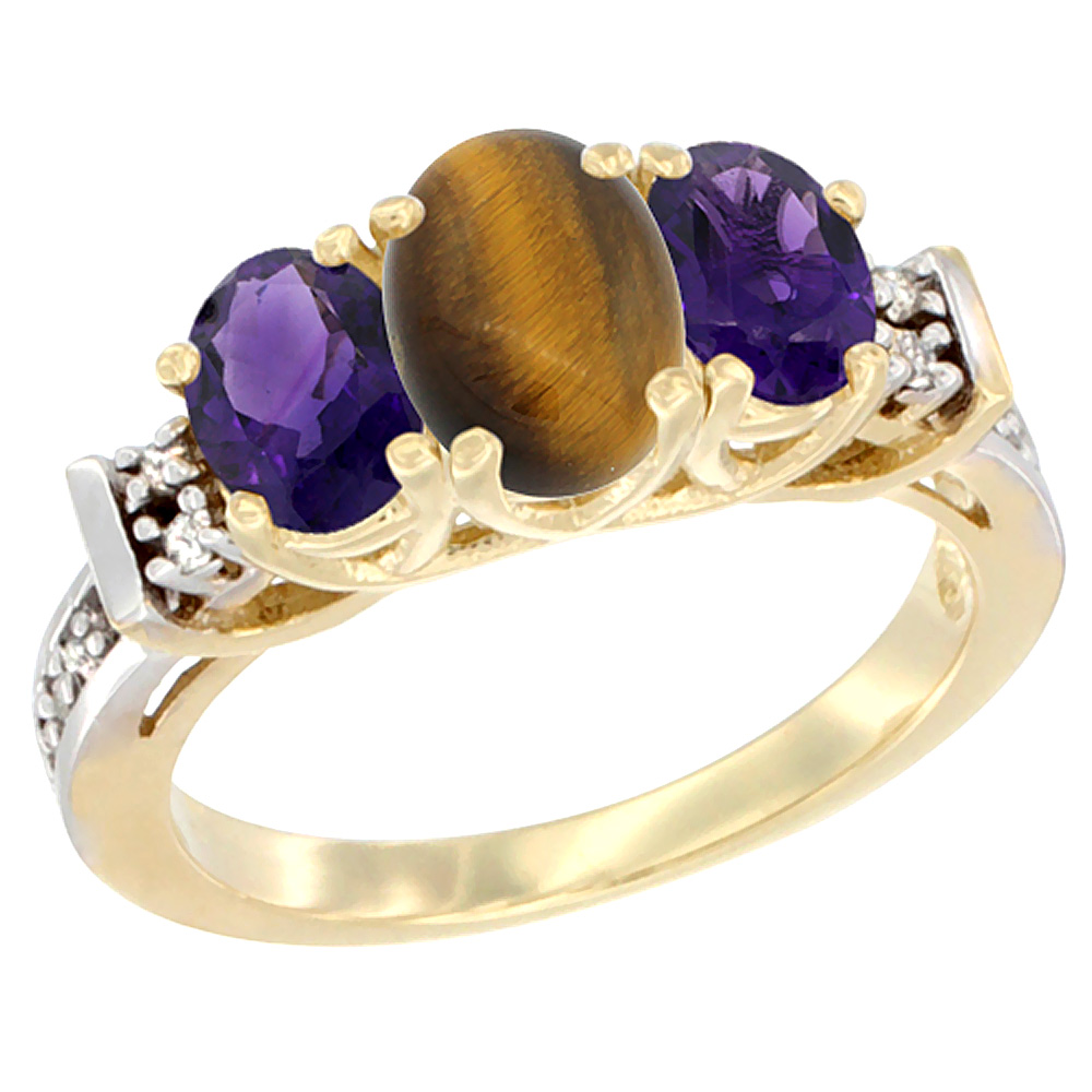 10K Yellow Gold Natural Tiger Eye &amp; Amethyst Ring 3-Stone Oval Diamond Accent