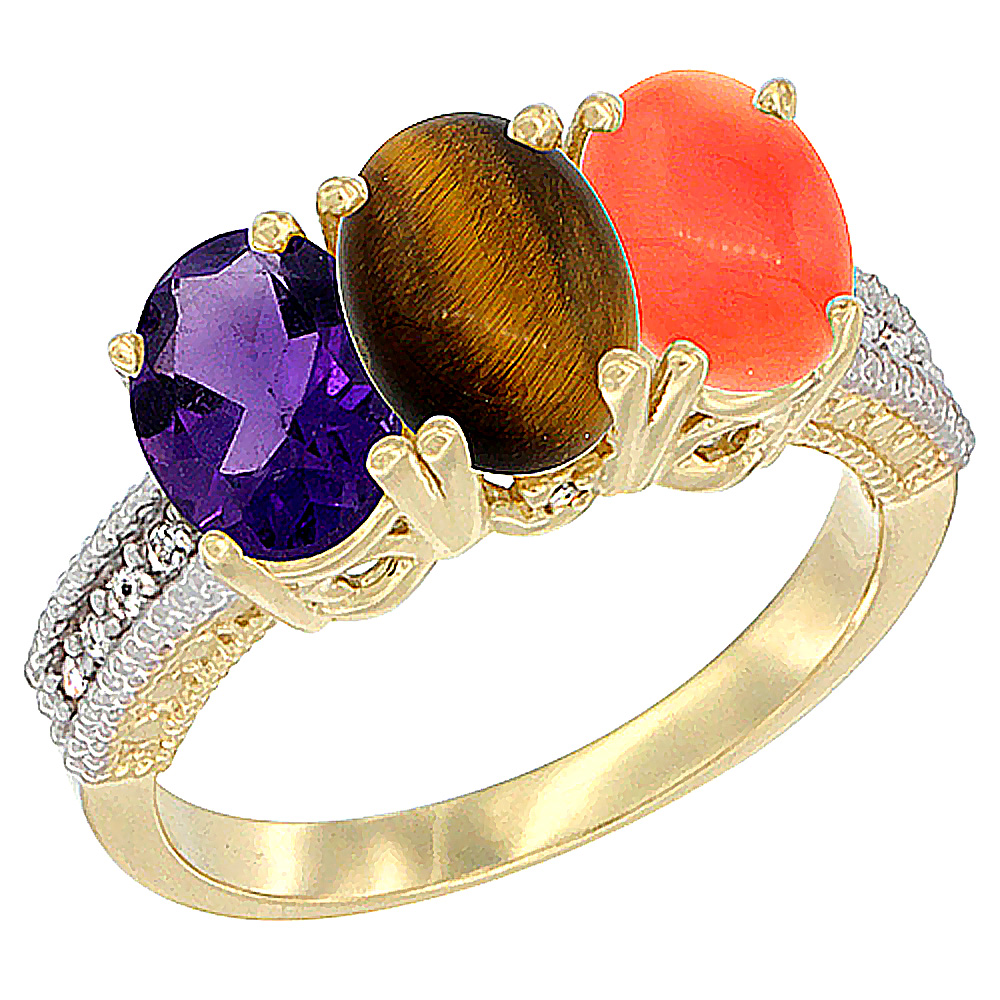 14K Yellow Gold Natural Amethyst, Tiger Eye & Coral Ring 3-Stone 7x5 mm Oval Diamond Accent, sizes 5 - 10