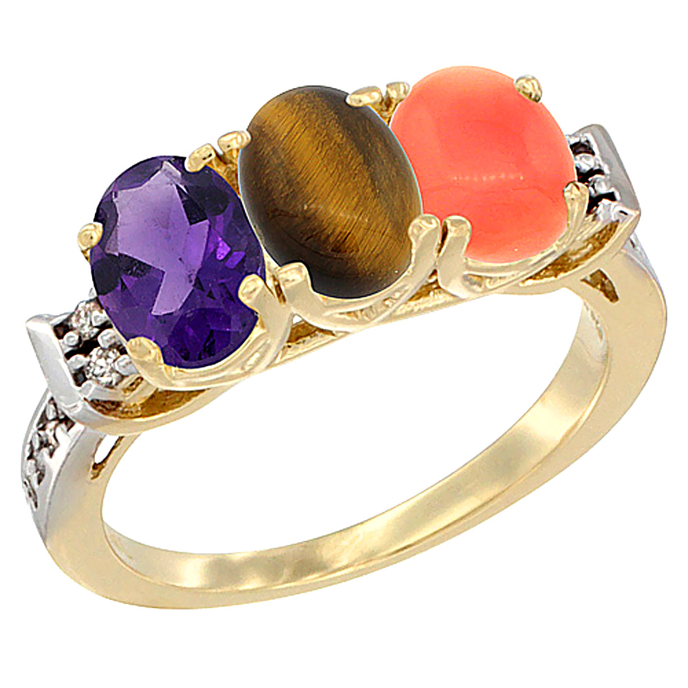 10K Yellow Gold Natural Amethyst, Tiger Eye &amp; Coral Ring 3-Stone Oval 7x5 mm Diamond Accent, sizes 5 - 10