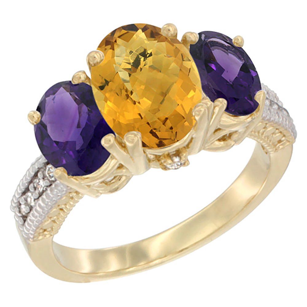 14K Yellow Gold Diamond Natural Whisky Quartz Ring 3-Stone Oval 8x6mm with Amethyst, sizes5-10