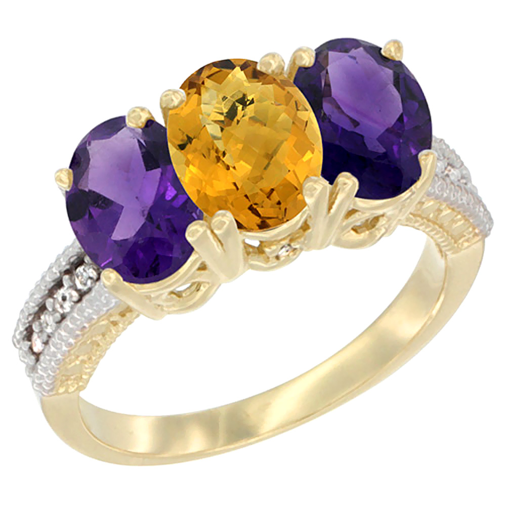 14K Yellow Gold Natural Whisky Quartz &amp; Amethyst Ring 3-Stone 7x5 mm Oval Diamond Accent, sizes 5 - 10