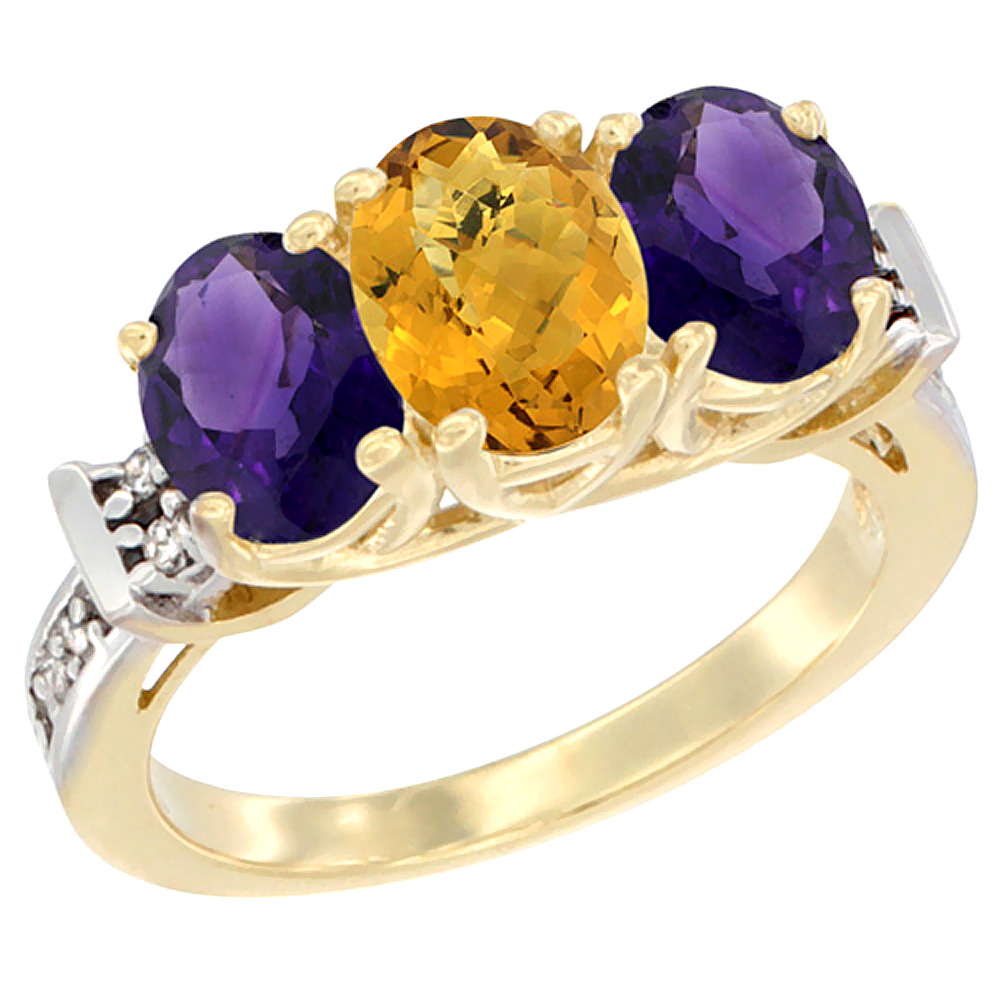10K Yellow Gold Natural Whisky Quartz &amp; Amethyst Sides Ring 3-Stone Oval Diamond Accent, sizes 5 - 10