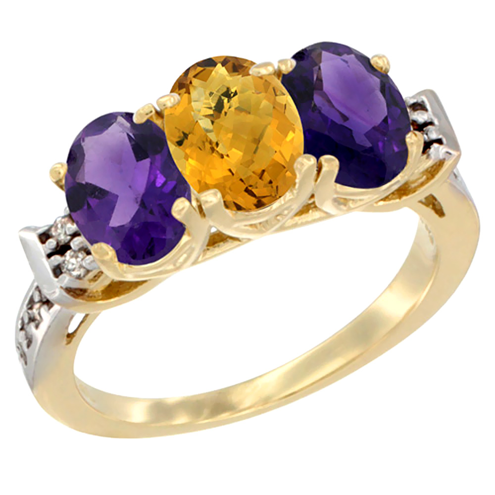 10K Yellow Gold Natural Whisky Quartz &amp; Amethyst Sides Ring 3-Stone Oval 7x5 mm Diamond Accent, sizes 5 - 10