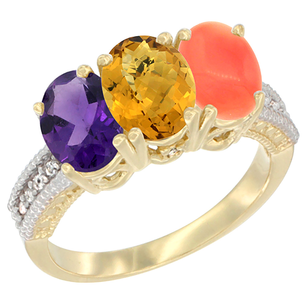 10K Yellow Gold Diamond Natural Amethyst, Whisky Quartz & Coral Ring Oval 3-Stone 7x5 mm,sizes 5-10