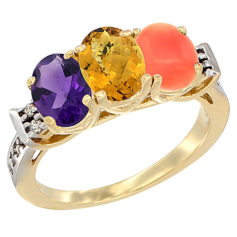14K Yellow Gold Natural Amethyst, Whisky Quartz &amp; Coral Ring 3-Stone 7x5 mm Oval Diamond Accent, sizes 5 - 10