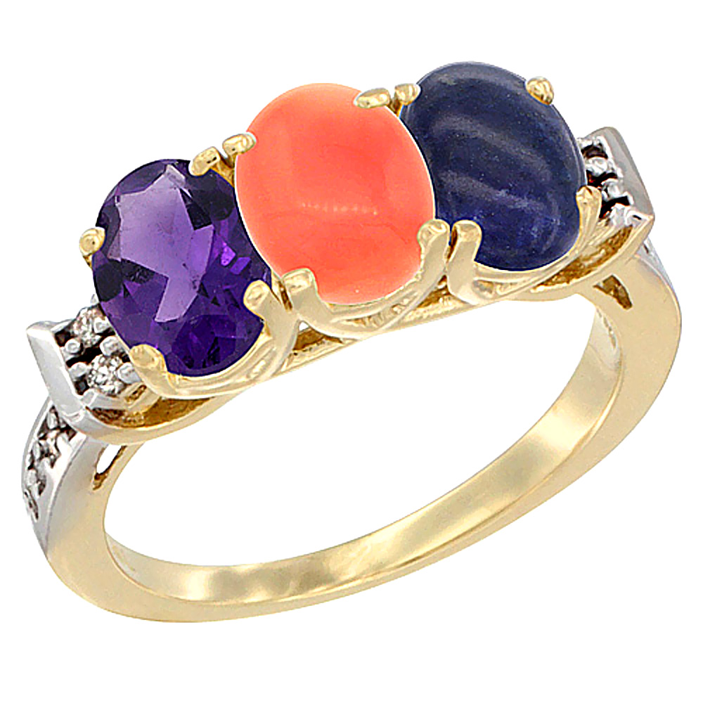 10K Yellow Gold Natural Amethyst, Coral &amp; Lapis Ring 3-Stone Oval 7x5 mm Diamond Accent, sizes 5 - 10
