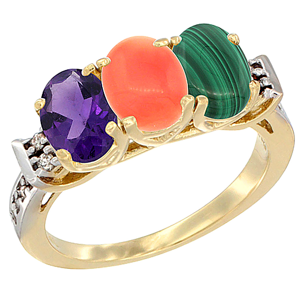 14K Yellow Gold Natural Amethyst, Coral & Malachite Ring 3-Stone 7x5 mm Oval Diamond Accent, sizes 5 - 10