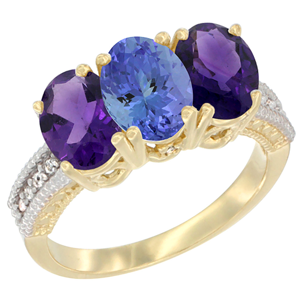 14K Yellow Gold Natural Tanzanite &amp; Amethyst Ring 3-Stone 7x5 mm Oval Diamond Accent, sizes 5 - 10