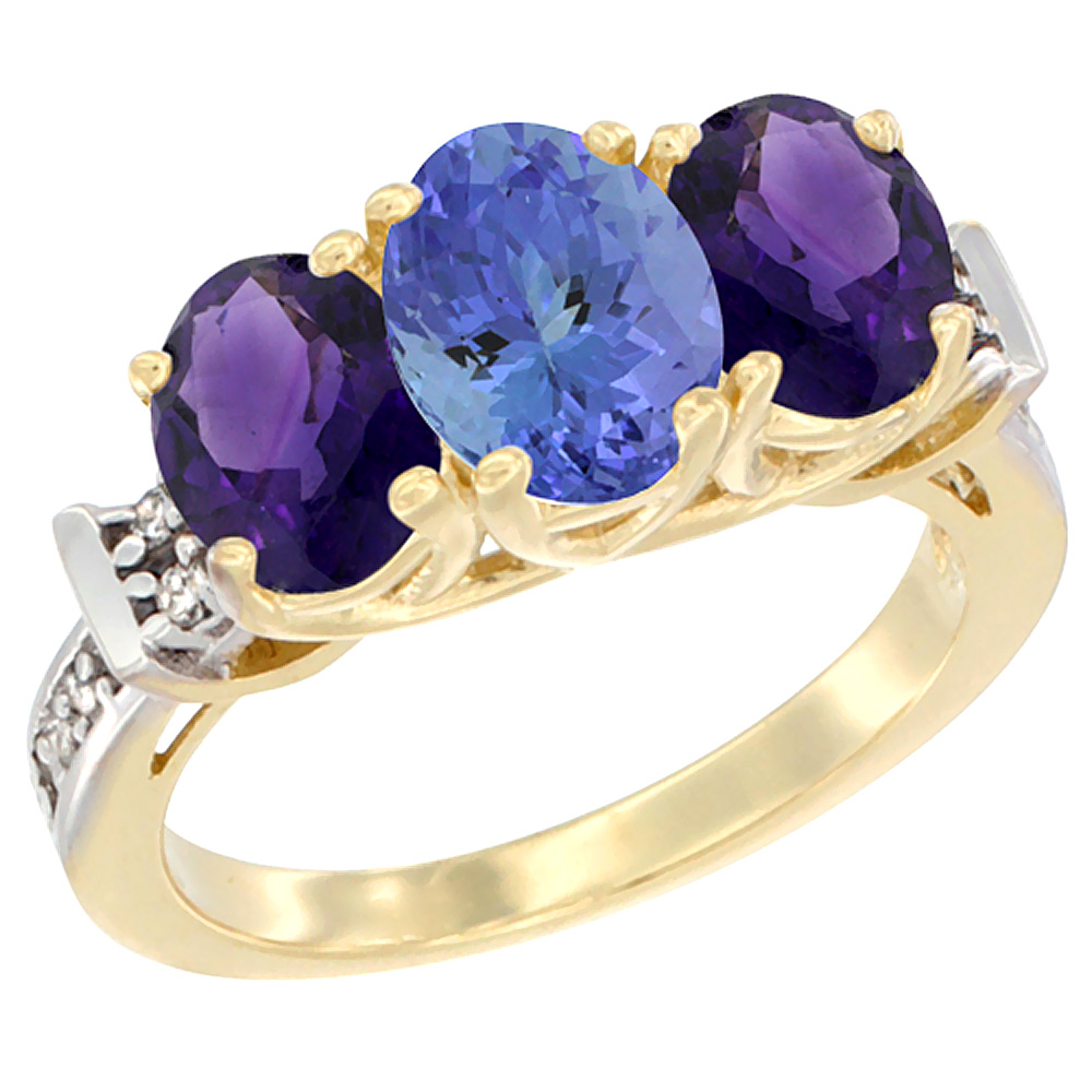10K Yellow Gold Natural Tanzanite &amp; Amethyst Sides Ring 3-Stone Oval Diamond Accent, sizes 5 - 10