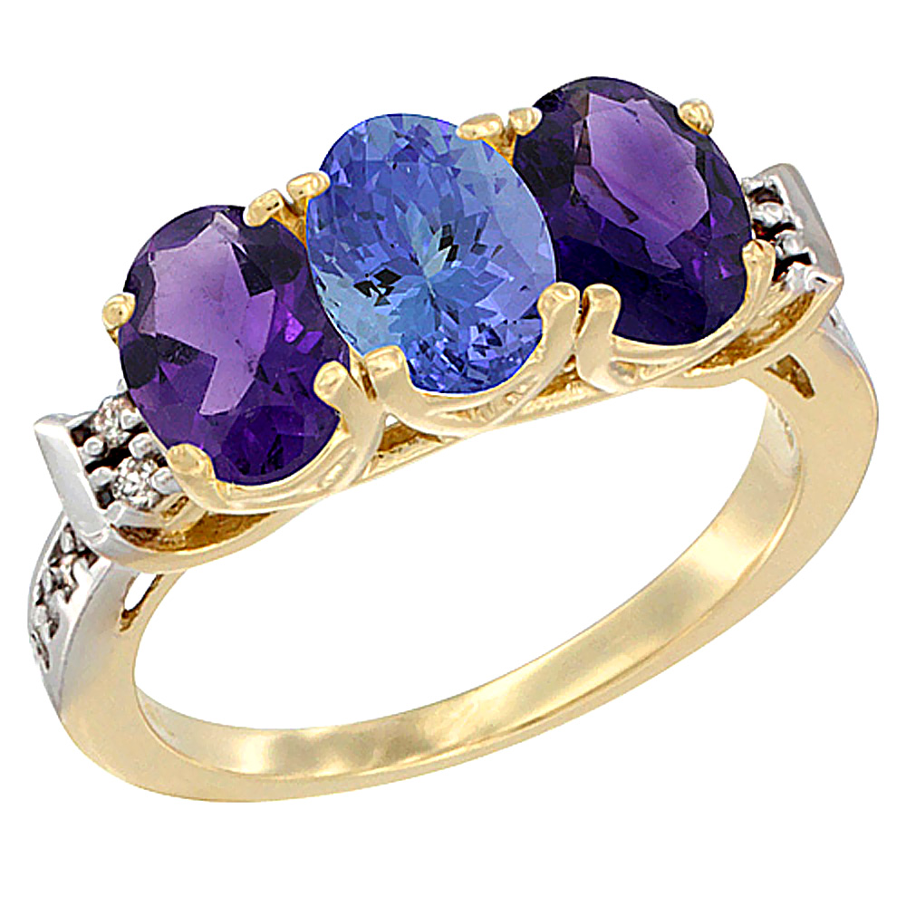 14K Yellow Gold Natural Tanzanite &amp; Amethyst Sides Ring 3-Stone 7x5 mm Oval Diamond Accent, sizes 5 - 10