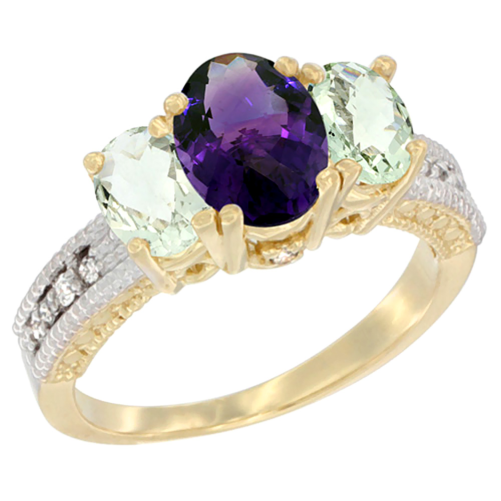 14K Yellow Gold Diamond Natural Amethyst Ring Oval 3-stone with Green Amethyst, sizes 5 - 10