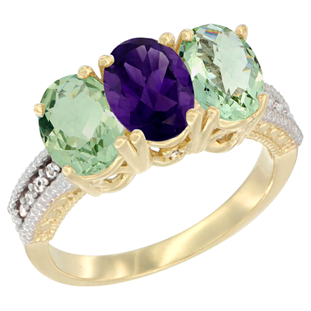 10K Yellow Gold Diamond Natural Amethyst &amp; Green Amethyst Ring Oval 3-Stone 7x5 mm,sizes 5-10