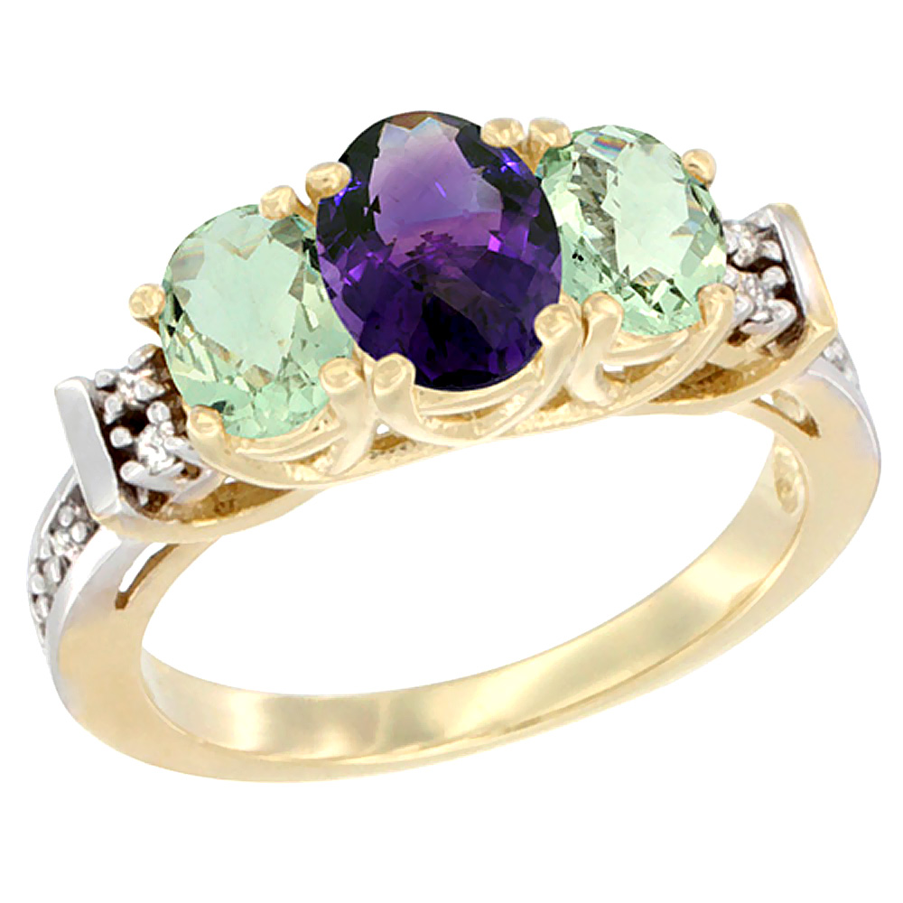 14K Yellow Gold Natural Amethyst &amp; Green Amethyst Ring 3-Stone Oval Diamond Accent