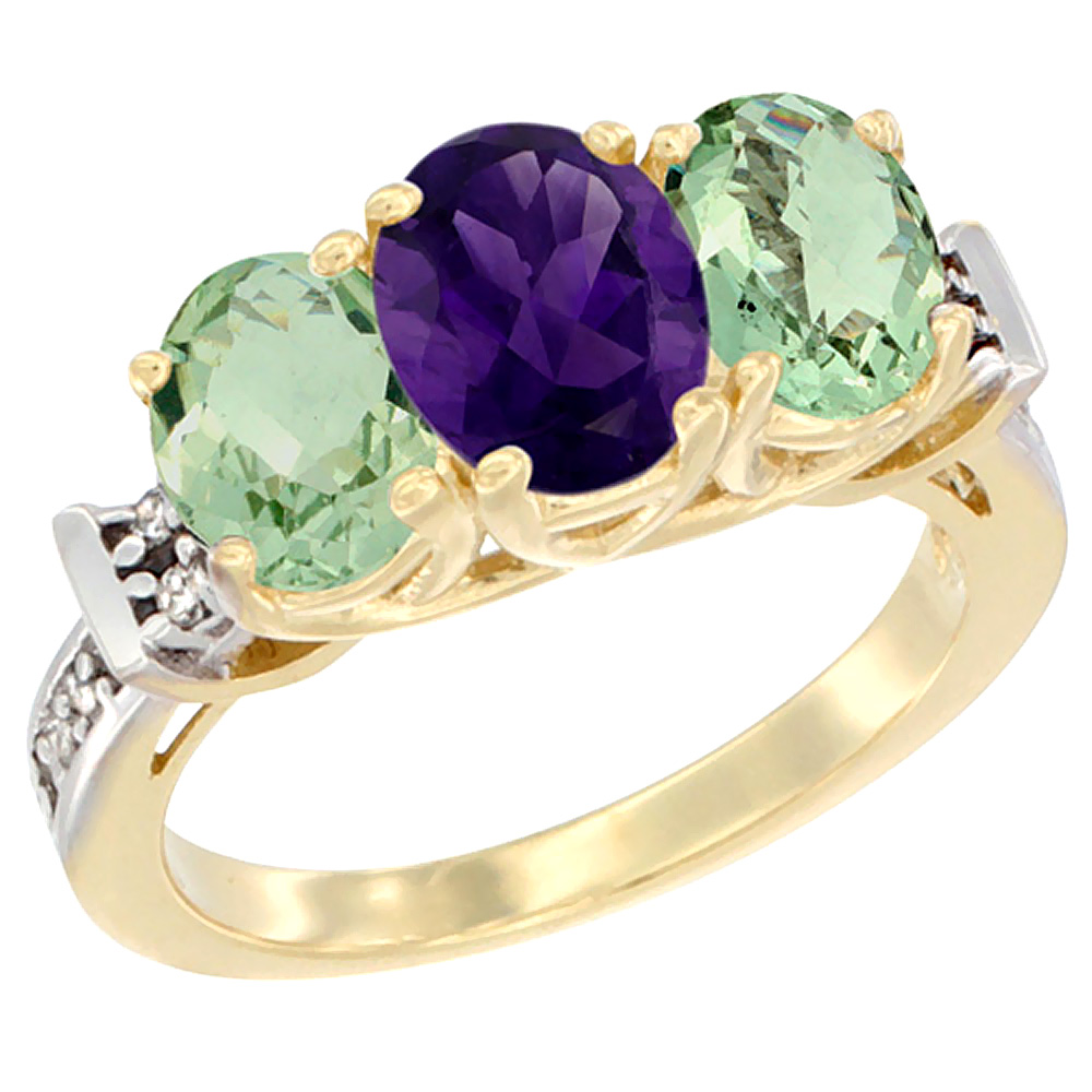 14K Yellow Gold Natural Purple &amp; Green Amethysts Ring 3-Stone Oval Diamond Accent, sizes 5 - 10