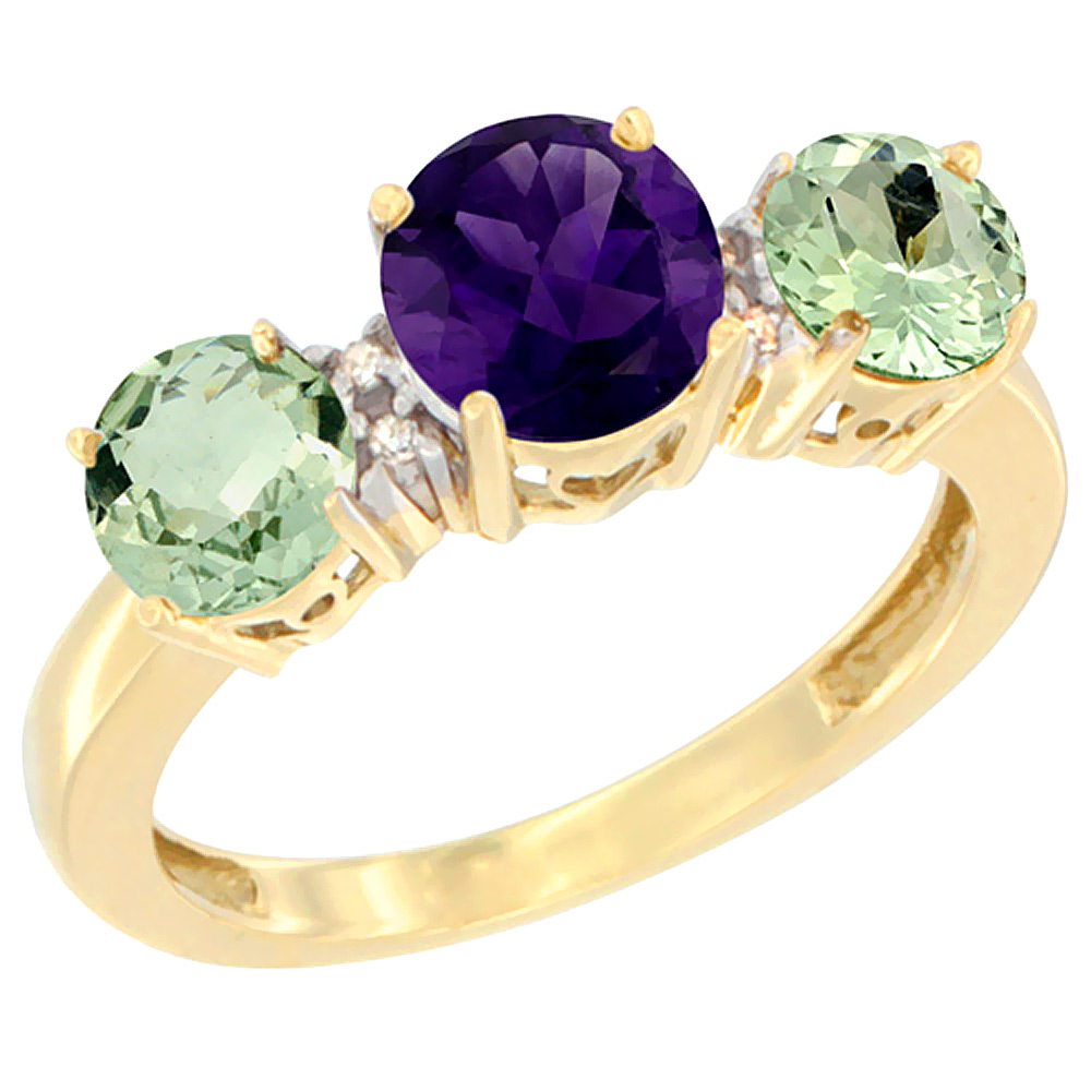 14K Yellow Gold Round 3-Stone Natural Amethyst Ring &amp; Green Amethyst Sides Diamond Accent, sizes 5 - 10