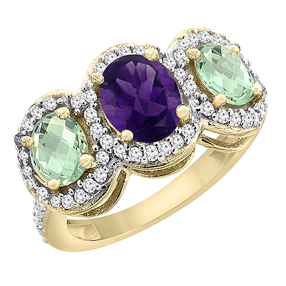 14K Yellow Gold Natural Amethyst & Green Amethyst 3-Stone Ring Oval Diamond Accent, sizes 5 - 10