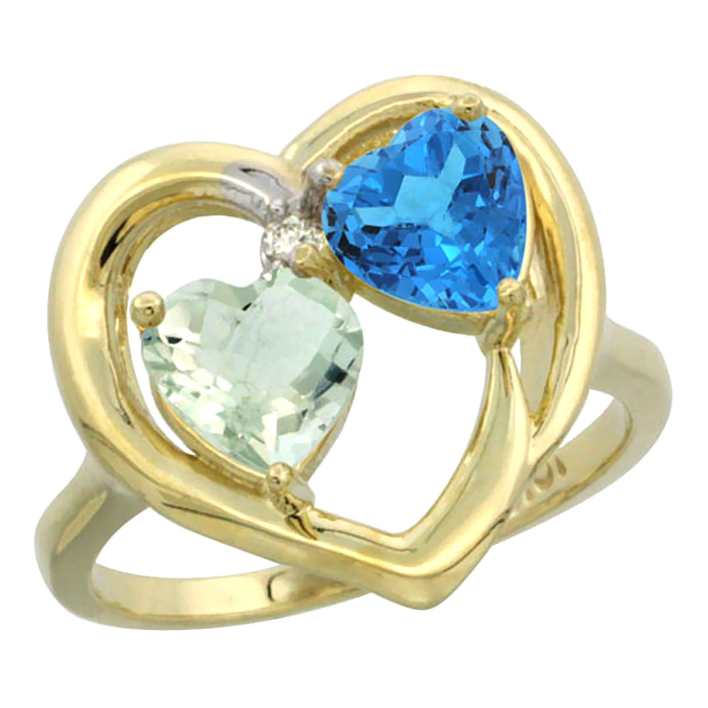 14K Yellow Gold Diamond Two-stone Heart Ring 6mm Natural Green Amethyst &amp; Swiss Blue Topaz, sizes 5-10
