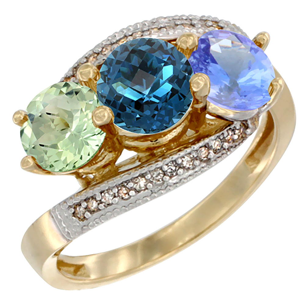 14K Yellow Gold Natural Green Amethyst, London Blue Topaz &amp; Tanzanite 3 stone Ring Round 6mm Diamond Accent, sizes 5 - 10