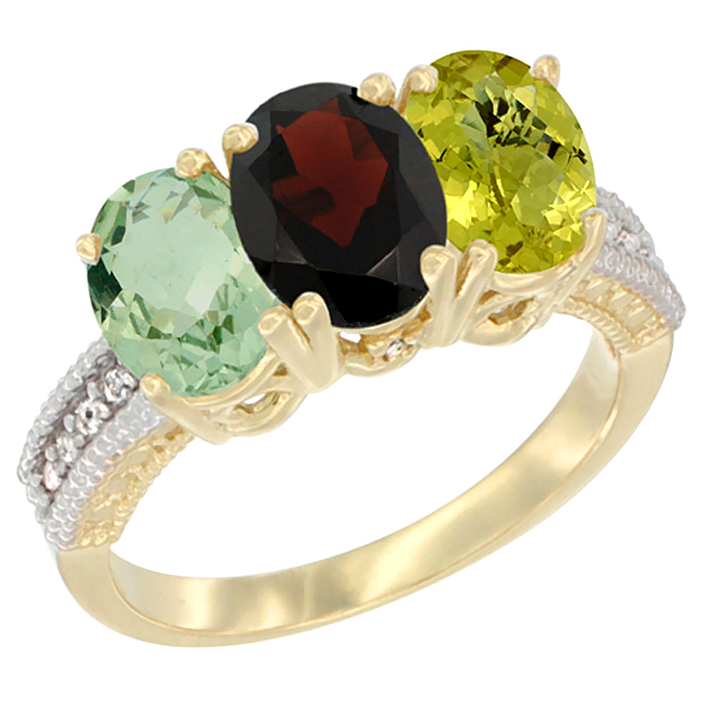 14K Yellow Gold Natural Green Amethyst, Garnet &amp; Lemon Quartz Ring 3-Stone 7x5 mm Oval Diamond Accent, sizes 5 - 10