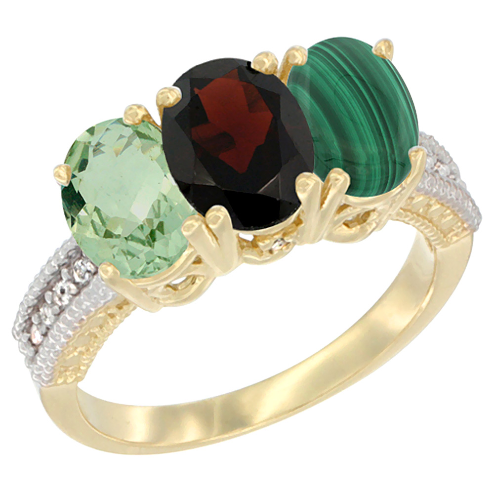 14K Yellow Gold Natural Green Amethyst, Garnet &amp; Malachite Ring 3-Stone 7x5 mm Oval Diamond Accent, sizes 5 - 10