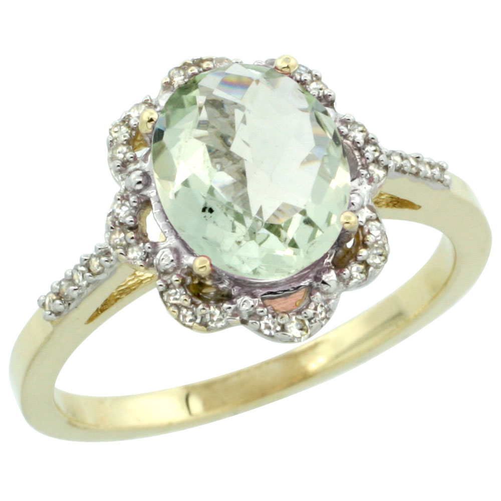 10K Yellow Gold Diamond Halo Genuine Green Amethyst Engagement Ring Oval 9x7mm sizes 5-10