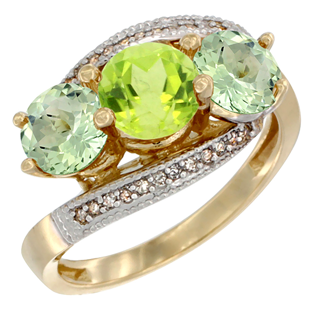 14K Yellow Gold Natural Peridot &amp; Green Amethyst Sides 3 stone Ring Round 6mm Diamond Accent, sizes 5 - 10