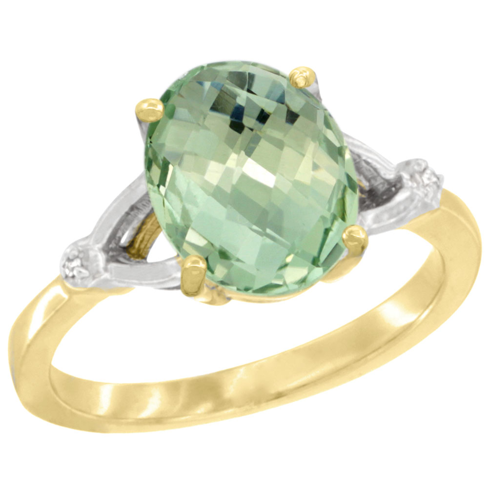14K Yellow Gold Diamond Natural Green Amethyst Engagement Ring Oval 10x8mm, sizes 5-10