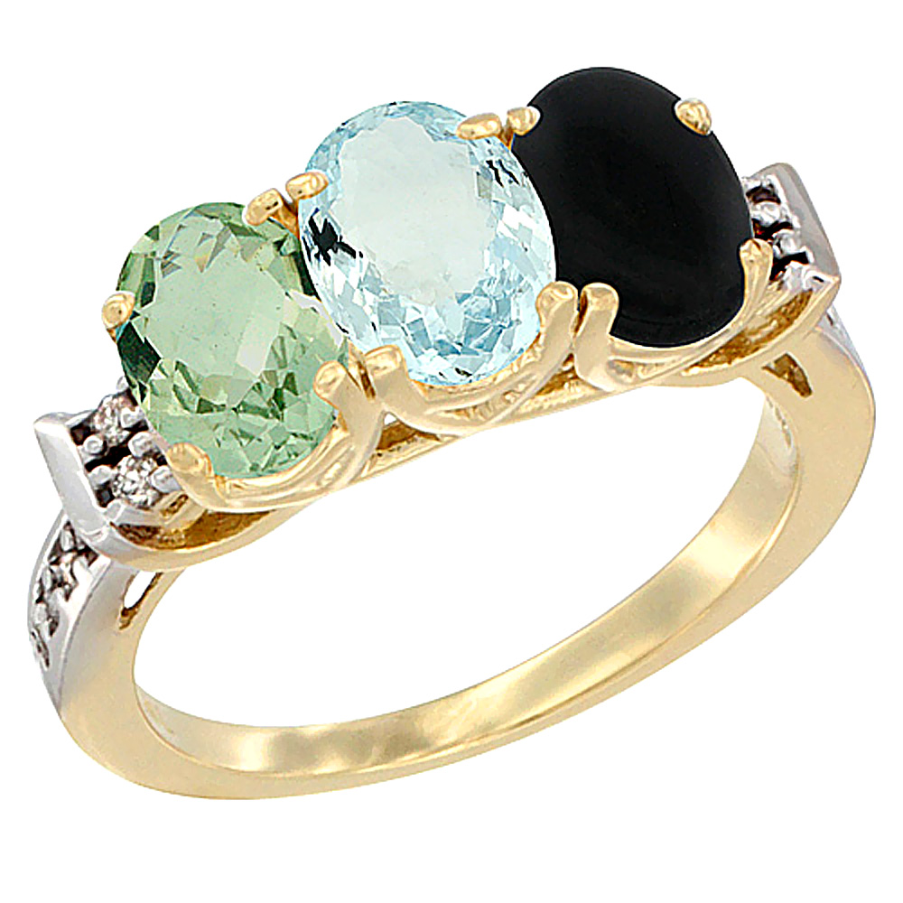 14K Yellow Gold Natural Green Amethyst, Aquamarine &amp; Black Onyx Ring 3-Stone 7x5 mm Oval Diamond Accent, sizes 5 - 10