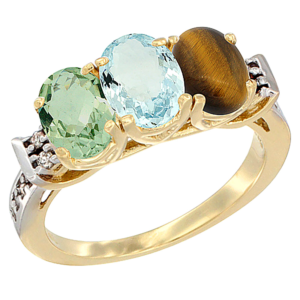 14K Yellow Gold Natural Green Amethyst, Aquamarine & Tiger Eye Ring 3-Stone 7x5 mm Oval Diamond Accent, sizes 5 - 10