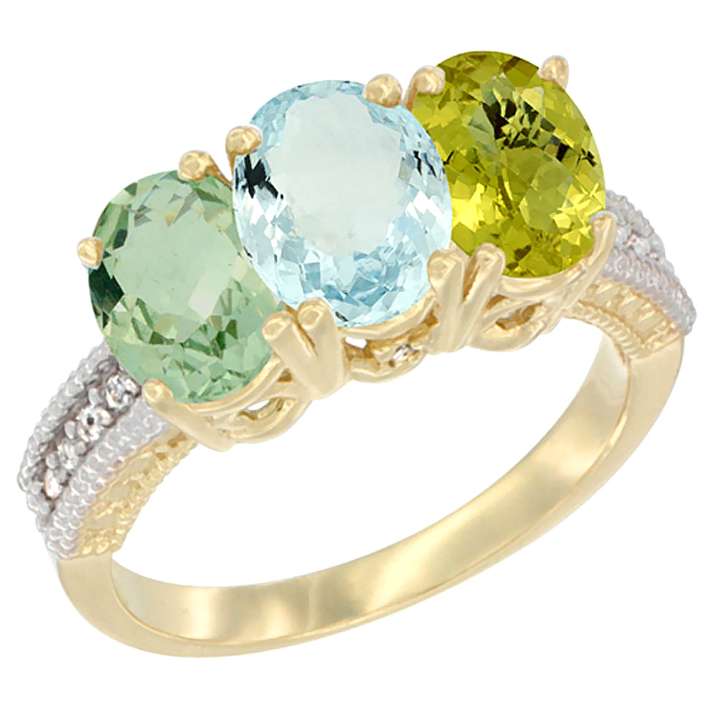 14K Yellow Gold Natural Green Amethyst, Aquamarine &amp; Lemon Quartz Ring 3-Stone 7x5 mm Oval Diamond Accent, sizes 5 - 10