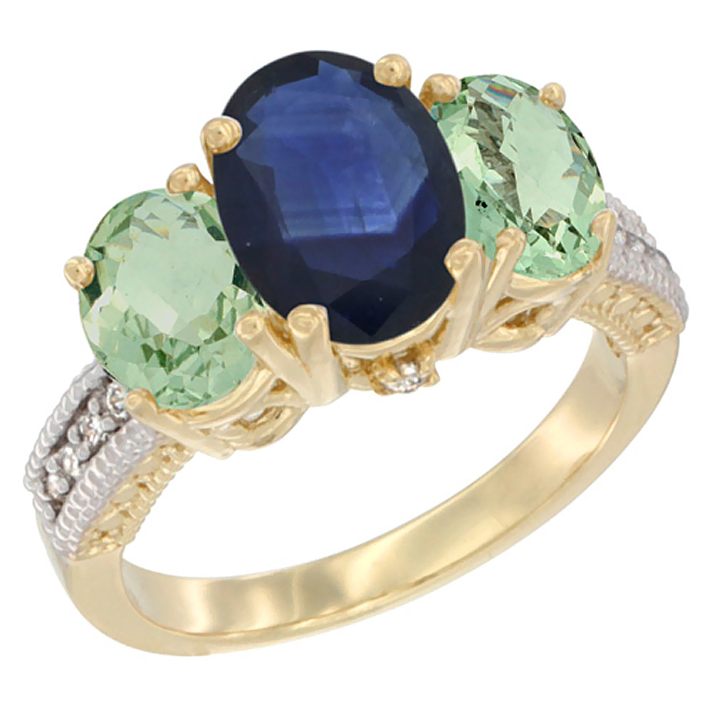 14K Yellow Gold Diamond Natural Blue Sapphire Ring 3-Stone Oval 8x6mm with Green Amethyst, sizes5-10