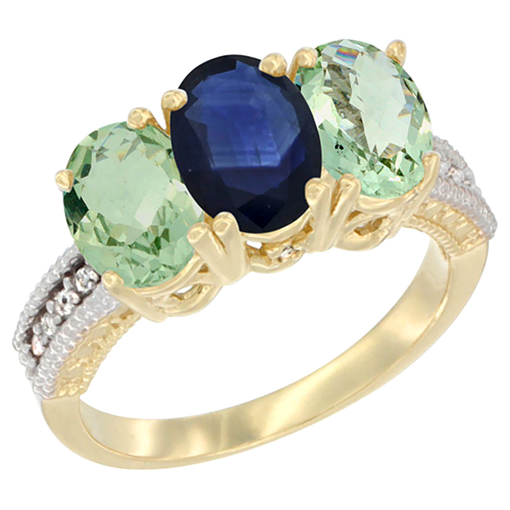 10K Yellow Gold Diamond Natural Blue Sapphire &amp; Green Amethyst Sides Ring 3-Stone Oval 7x5 mm, sizes 5 - 10
