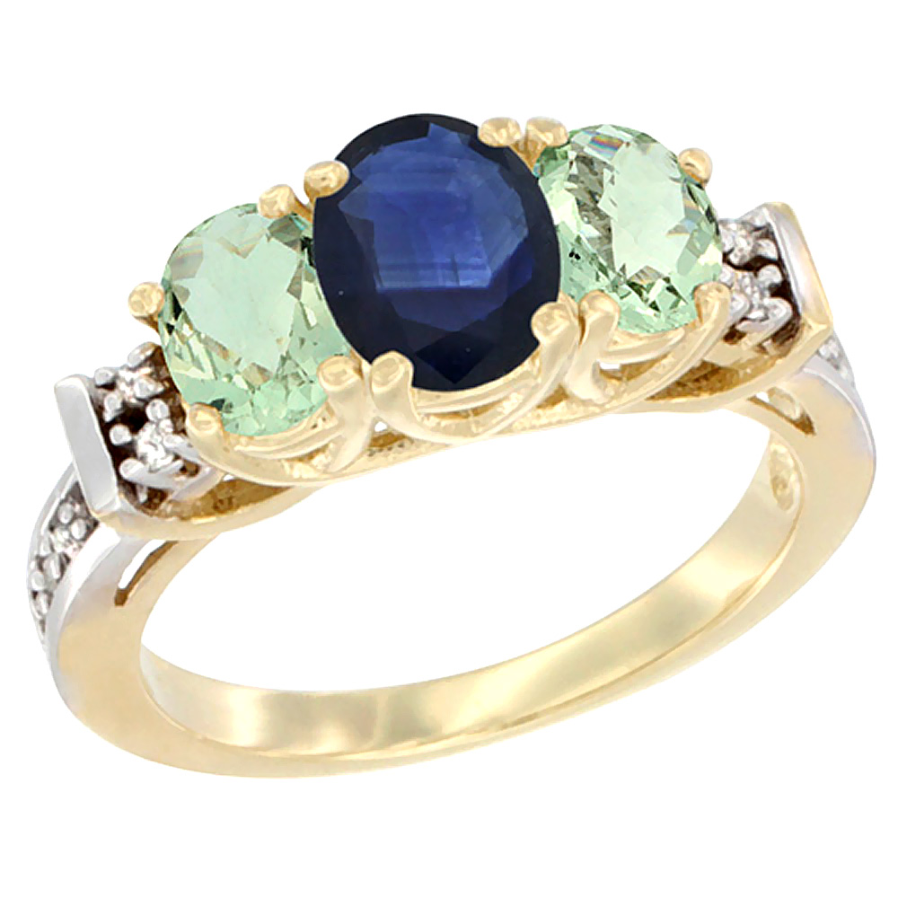 14K Yellow Gold Natural Blue Sapphire &amp; Green Amethyst Ring 3-Stone Oval Diamond Accent