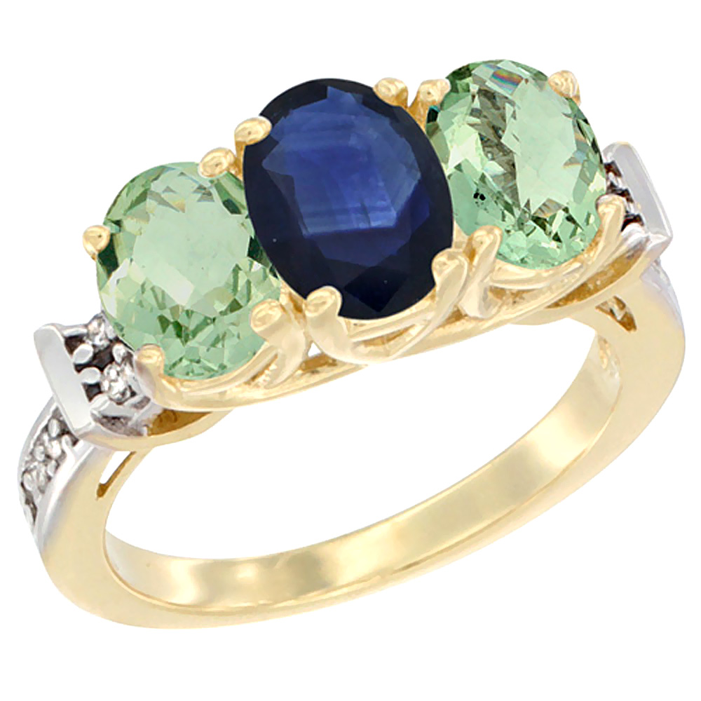 14K Yellow Gold Natural Blue Sapphire &amp; Green Amethyst Sides Ring 3-Stone Oval Diamond Accent, sizes 5 - 10