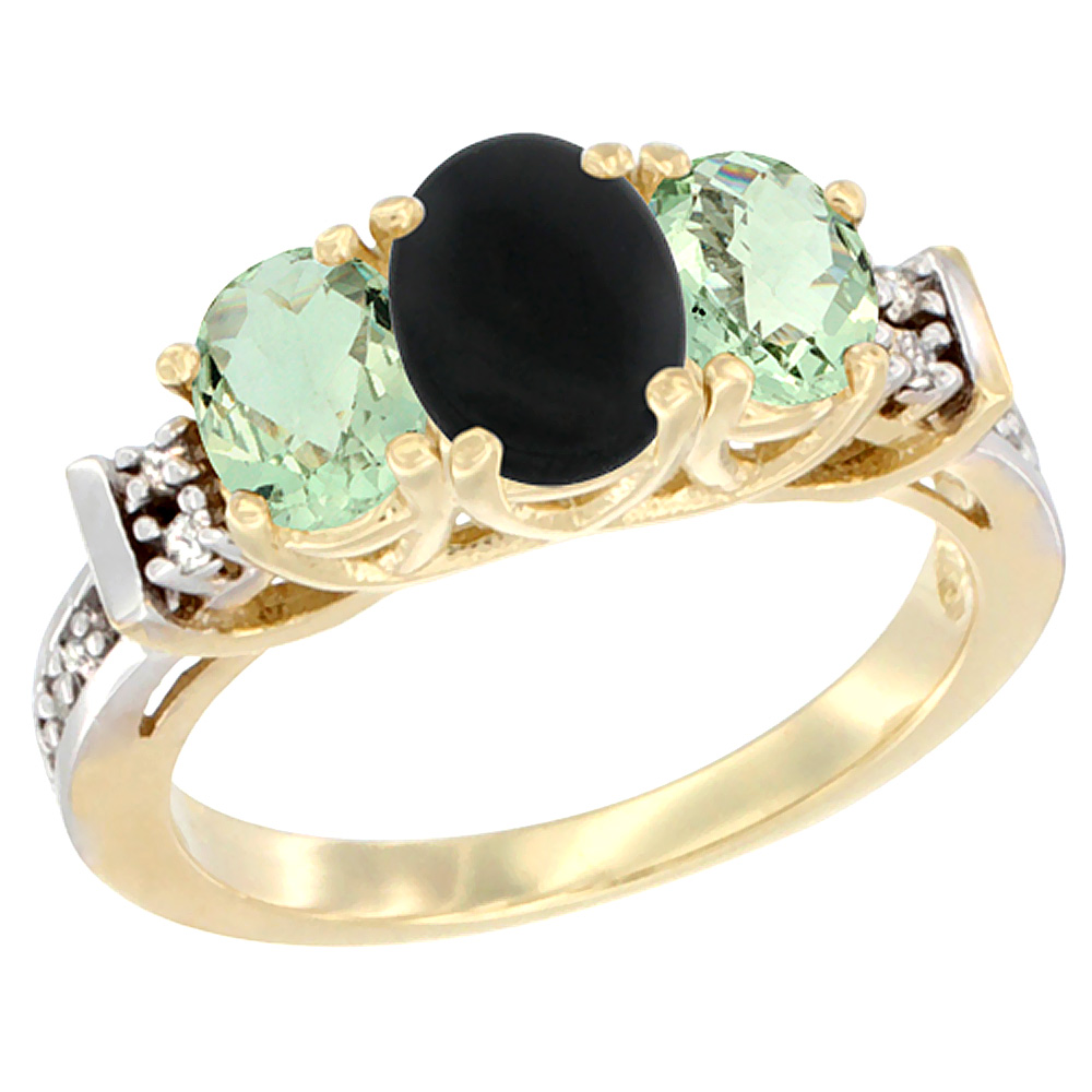 14K Yellow Gold Natural Black Onyx &amp; Green Amethyst Ring 3-Stone Oval Diamond Accent