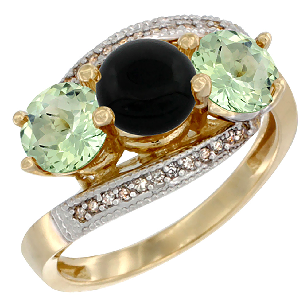 14K Yellow Gold Natural Black Onyx &amp; Green Amethyst Sides 3 stone Ring Round 6mm Diamond Accent, sizes 5 - 10