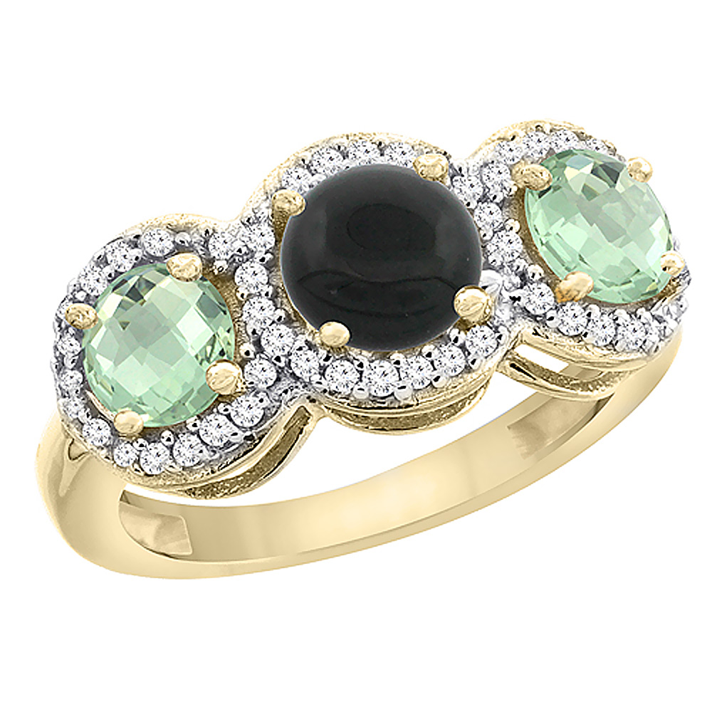 14K Yellow Gold Natural Black Onyx &amp; Green Amethyst Sides Round 3-stone Ring Diamond Accents, sizes 5 - 10
