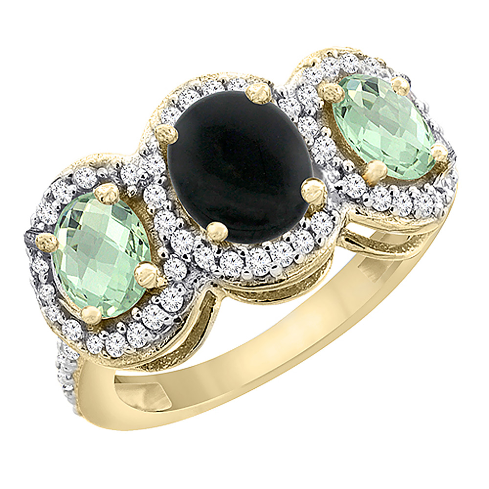 14K Yellow Gold Natural Black Onyx &amp; Green Amethyst 3-Stone Ring Oval Diamond Accent, sizes 5 - 10