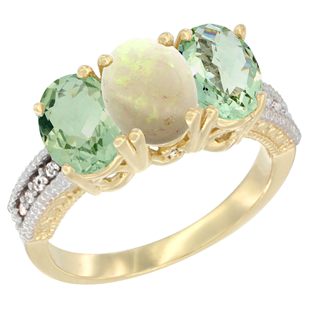 10K Yellow Gold Diamond Natural Opal &amp; Green Amethyst Sides Ring 3-Stone Oval 7x5 mm, sizes 5 - 10