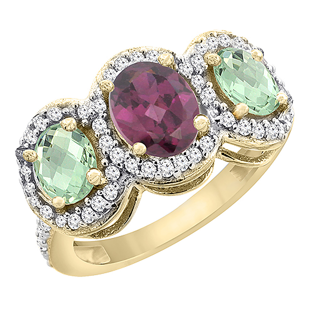 10K Yellow Gold Natural Rhodolite &amp; Green Amethyst 3-Stone Ring Oval Diamond Accent, sizes 5 - 10