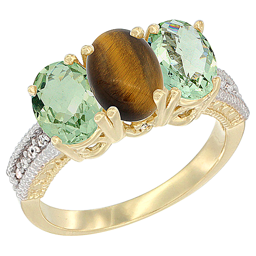 14K Yellow Gold Natural Tiger Eye & Green Amethyst Sides Ring 3-Stone 7x5 mm Oval Diamond Accent, sizes 5 - 10